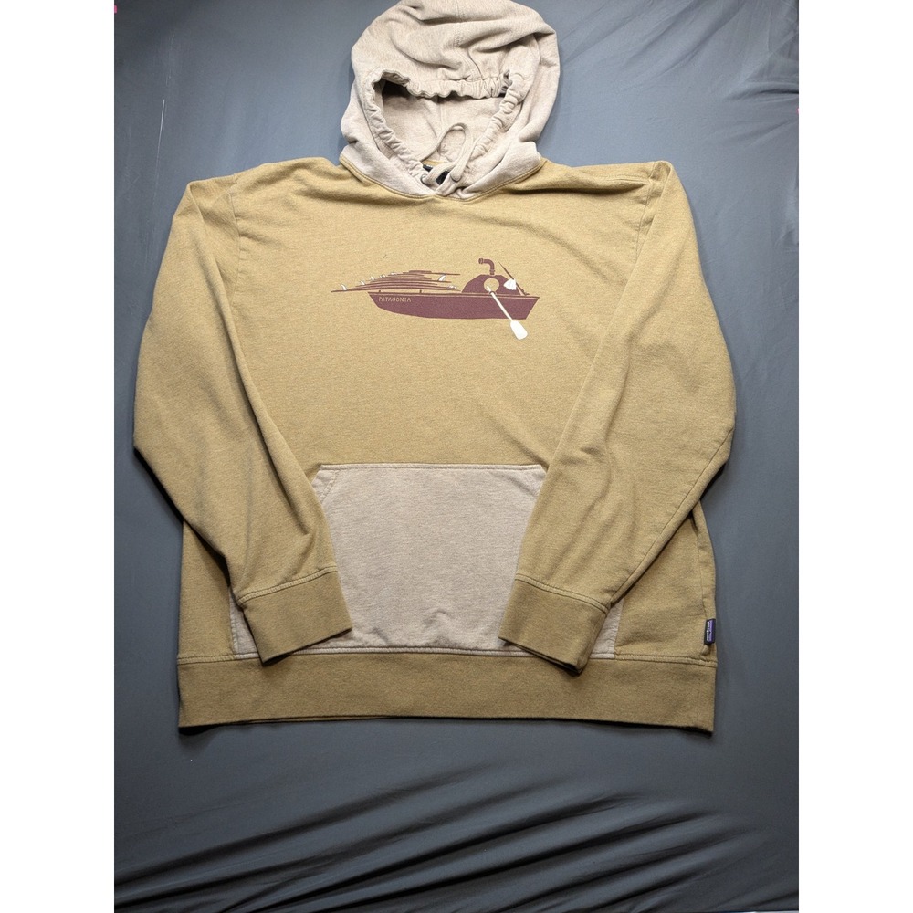 Patagonia Mens Organic Cotton Hoodie Large Yellow Beige Surf Boat Graphic L